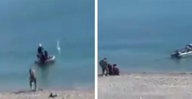 Dos momentos del vídeo grabado por un ciudadano marroquí en el que se aprecia cómo los agentes tiran piedras a la embarcación y después detienen a dos de sus ocupantes.