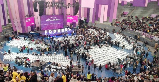 La pista del palacio de Vistalegre este domingo, durante la segunda Asamblea Ciudadana de Podemos