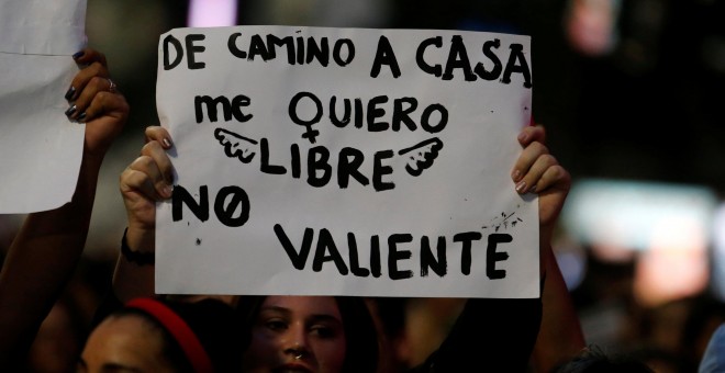 Demonstrators take part in a march on International Women's Day in Montevideo carrying a banner that reads 'While walking home I want free not brave', Uruguay, March 8, 2017. REUTERS/Andres Stapff