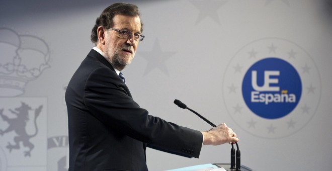 El presidente del Gobierno, Mariano Rajoy, durante la rueda de prensa al término de la reunión de Bruselas de los líderes de la Unión Europea (UE). EFE/Horst Wagner