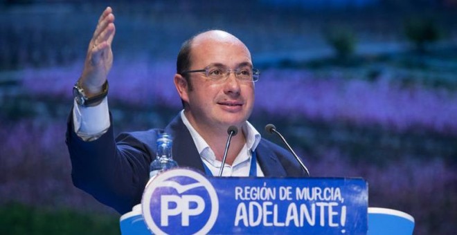 El nuevo presidente del Partido Popular en la Región de Murcia, Pedro Antonio Sánchez, durante su intervención en el 16º Congreso del partido en Murcia, donde ha salido elegido como nuevo presidente del partido, hoy en el Auditorio Regional Victor Villega