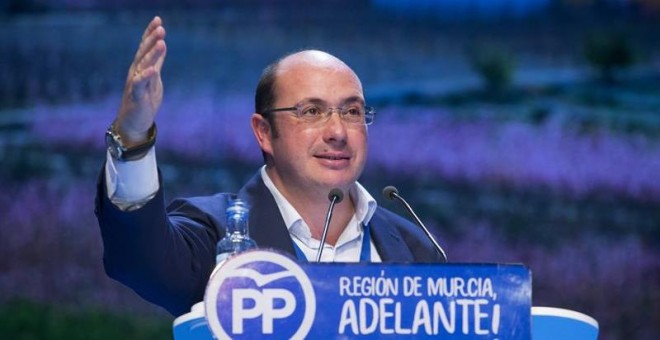 El nuevo presidente del Partido Popular en la Región de Murcia, Pedro Antonio Sánchez, durante su intervención en el 16º Congreso del partido en Murcia, donde ha salido elegido como nuevo presidente del partido, hoy en el Auditorio Regional Victor Villega