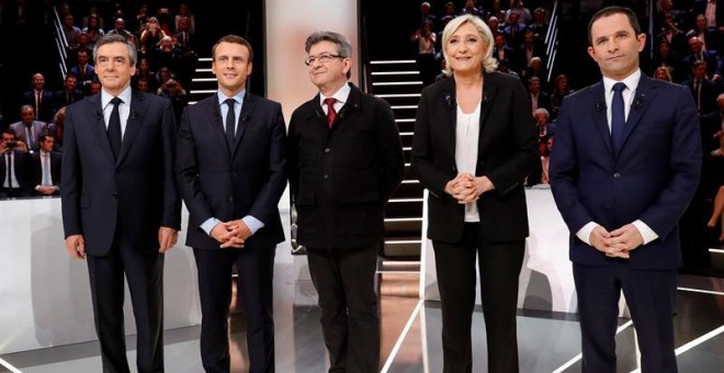 Los candidatos presidenciales de Francia, por el partido de la derecha LR, Francois Fillon; del movimiento 'En Marche!', Emmanuel Macron; de la coalición de izquierda 'La France insoumise', Jean-Luc Melenchon; por el partido de extrema derecha FN, Marine