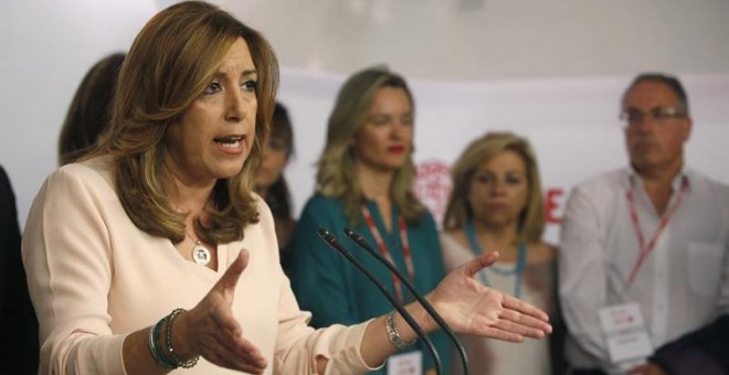 La presidenta de la Junta de Andalucía, Susana Díaz, comparece en Ferraz tras conocer los resultados de las primarias para la Secretaría General del PSOE. - EFE