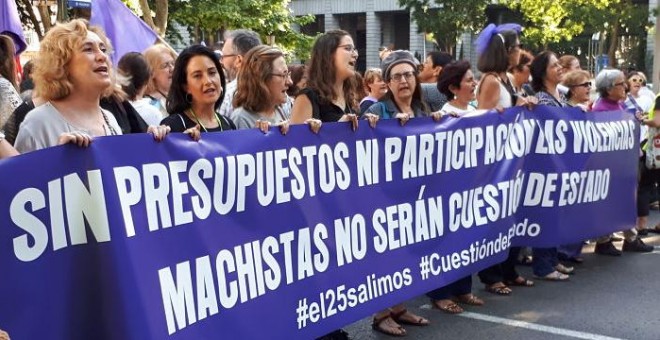 Cabecera de la manifestación celebrada este jueves en Madrid contra la violencia machista bajo el lema 'sin presupuestos ni participación las violencias machistas no serán cuestión de estado'