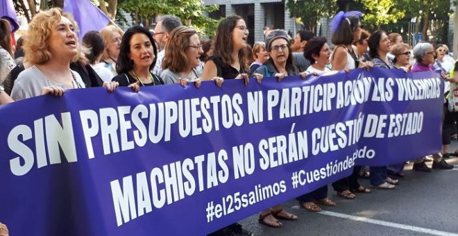 Cabecera de la manifestación celebrada este jueves en Madrid contra la violencia machista bajo el lema 'sin presupuestos ni participación las violencias machistas no serán cuestión de estado'