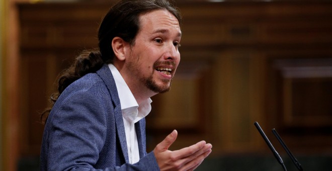 Pablo Iglesias durante su intervención en el debate de moción de censura a Rajoy. REUTERS/Juan Medina