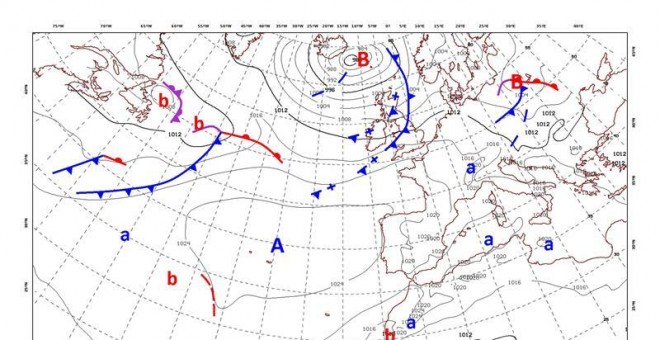 Mapa de isobaras facilitado por la Agencia Estatal de Meteorología (AEMET). - EFE