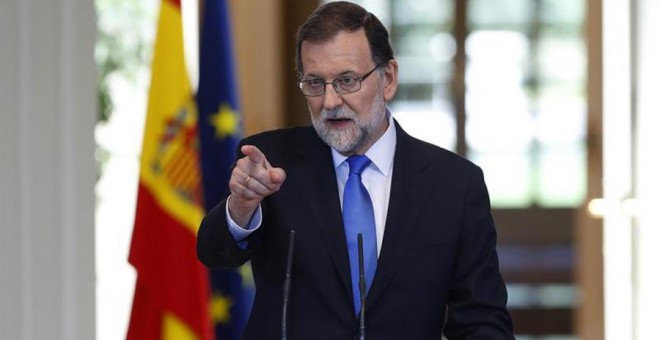 El presidente del Gobierno, Mariano Rajoy, durante su comparecencia hoy en Moncloa.- EFE