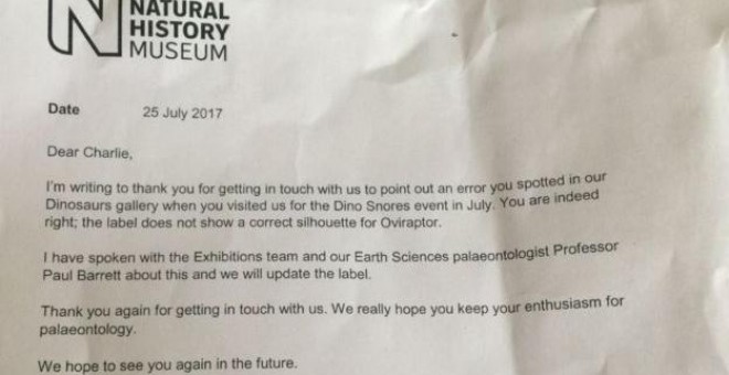 Carta del Museo de Historia Natural de Londres al pequeño Charlie. BBC