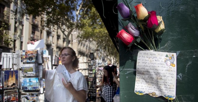 Una carta dedicada a unas de las víctimas de un ciudadano que ayudó a las víctimas del atentado pegada en una pared de un kiosko donde varios turistas compran postales en las Ramblas de Barcelona. EFE/Marta Pérez