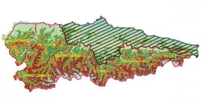 Mapa de las zonas de gestión del lobo en Asturias. La zona sombreada es el territorio donde se permite cazarlos libremente.