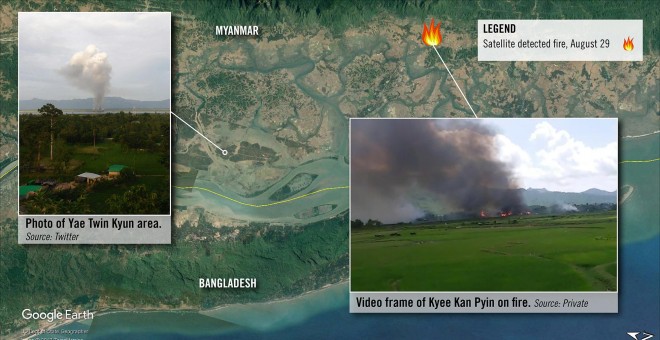 Gráfico de las imágenes por satélite de las zonas afectadas junto a las fotografías tomadas del mismo incendio. / Amnistía Interacional