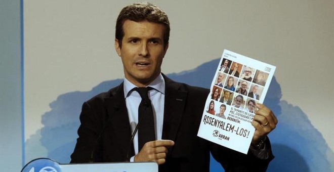 El vicesecretario de Comunicación del Partido Popular, Pablo Casado, durante la rueda de prensa que ha ofrecido hoy. /EFE