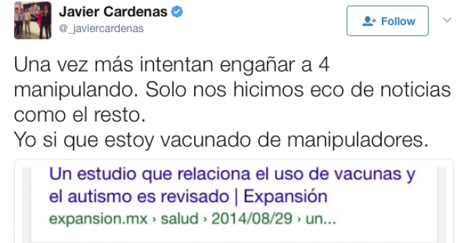 Tuit de Javier Cárdenas (ahora borrado) en el que difundía el bulo de que las vacunas provocan autismo.