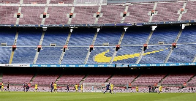 Vista general del partido correspondiente a la séptima jornada de LaLiga Santander entre el Barcelona y Las Palmas disputado en el estadio Camp Nou a puerta cerrada./EFE