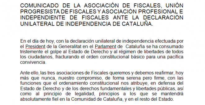 Comunicado de todas las asociaciones de fiscales ante la declaración de independencia de Catalunya