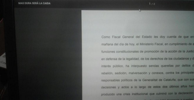 'Más dura será la caída': así titula la Fiscalía el archivo del comunicado de las querellas contra Puigdemont y Forcadell