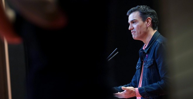 El secretario general del PSOE Pedro Sánchez, durante su intervención, en un acto de la campaña contra la Violencia de Género.EFE/F.Villar