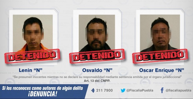 Imagen difundida por la Fiscalía General del Estado de Puebla de los tres detenidos