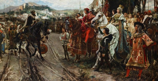 Cuadro 'La rendición de Granada', del pintor Francisco Pradilla y Ortiz, finalizado en 1882, que representa el momento en que Boabdil entrega las llaves de la ciudad a los Reyes Católicos