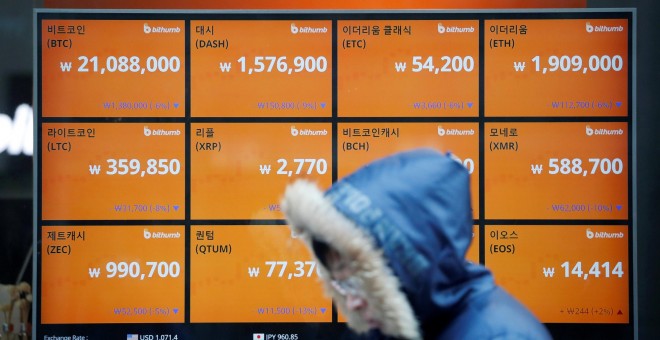 Un hombre pasa frente a un monitor que muestra la cotización de varias criptomonedas en Seúl (Corea del Sur). REUTERS/Kim Hong-Ji