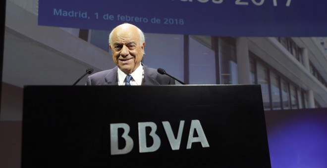 El presidente del banco BBVA, Francisco González, durante la presentación de resultados del ejercicio 2017. EFE/Zipi