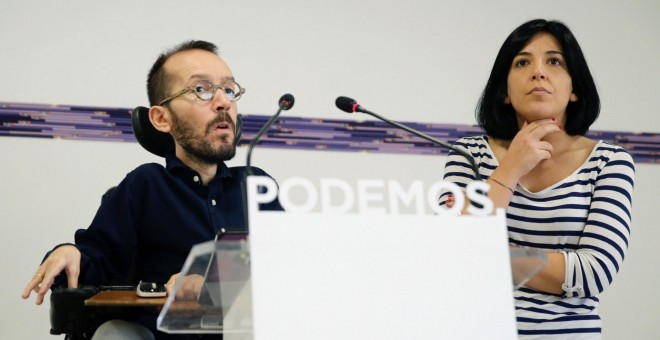 Los portavoces de Podemos Pablo Echenique e Idoia Villanueva durante la rueda de prensa ofrecida al término del Consejo de Coordinación del Partido, hoy en Madrid. EFE