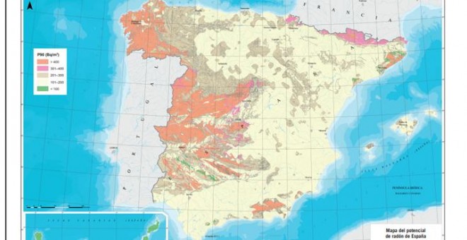 Mapa de potencial de gas radón en España del CSN.