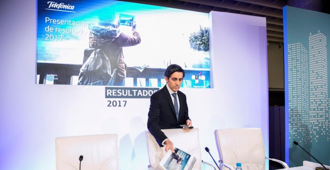 El presidente del Telefónica, José María Álvarez-Pallete, a su llegada a la presentación de los resultados anuales de la compañía correspondientes a 2017. EFE/Santi Donaire