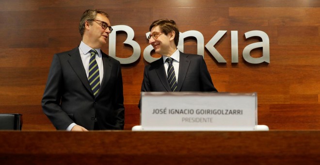 El presidente de Bankia, José Ignacio Goirigolzarri, con el  consejero delegado José Sevilla, en la presentación del Plan Estratégico 2018-2020 de la entidad. EFE/Juan Carlos Hidalgo