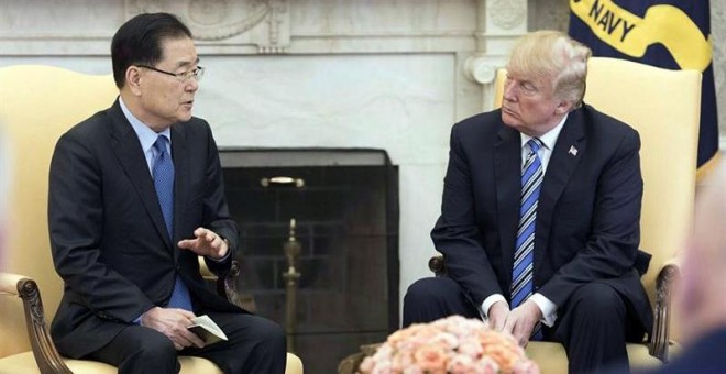 El consejero de seguridad nacional de Corea del Sur, Chung Eui-yong, traslada a Donald Trump Trump el mensaje que les confió Kim Jong-un: su deseo de reunirse con el presidente estadounidense 'lo antes posible'. EFE/Cheong Wa