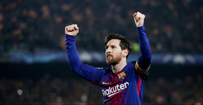 Messi celebra su segundo gol al Chelsea. REUTERS/Albert Gea