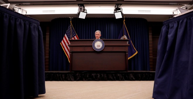 El presidente de la Reserva Federal, Jerome Powell, en su primera rueda  de prensa tras la reunión del Comité de Mercado Abierto del banco central estadounidense. REUTERS/Aaron P. Bernstein