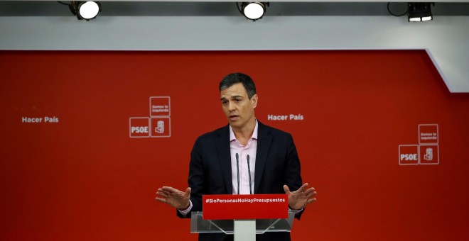 El secretario general del PSOE Pedro Sánchez, durante la rueda de prensa en la sede del partido en Madrid, EFE/Emilio Naranjo