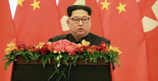 El líder norcoreano, Kim Jong-un, durante su discurso en el encuentro con el presidente chino, Xi Jinping, en Pekín. / EFE