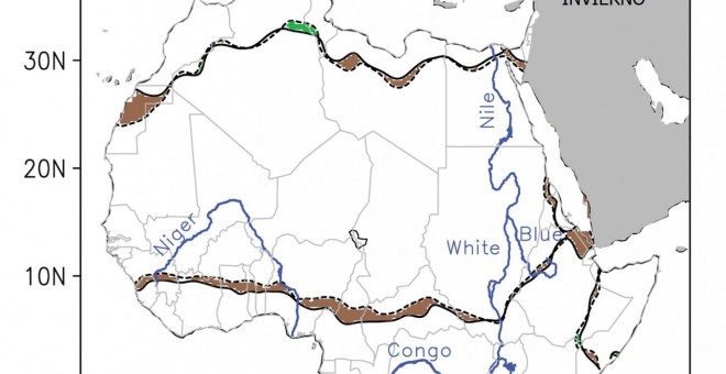 Cambios en los límites del desierto del Sahara en invierno y en verano entre 1920 (líneas de puntos) y 2013 (líneas continuas), según las precipitaciones. El color marrón representa avance del desierto y el color verde retroceso./UNIVERSIDAD DE MARYLAND