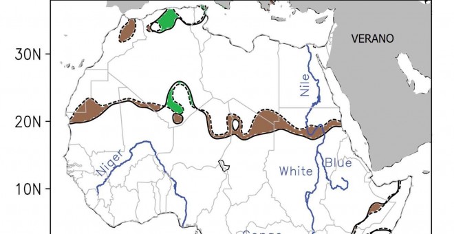 Cambios en los límites del desierto del Sahara en invierno y en verano entre 1920 (líneas de puntos) y 2013 (líneas continuas), según las precipitaciones. El color marrón representa avance del desierto y el color verde retroceso./UNIVERSIDAD DE MARYLAND