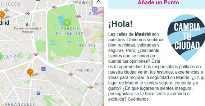 Pantallazo de la web Free to Be (Libre para ser yo) que Plan Internacional ha puesto en marcha para que las jóvenes identifiquen lugares seguros e inseguros de Madrid.