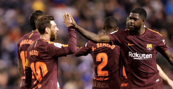 Leo Messi celebra uno de sus goles ante el Deportivo de La Coruña.- REUTERS
