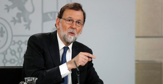 El presidente del gobierno Mariano Rajoy, durante su comparecencia ante los medios en el Palacio de la Moncloa. - EFE