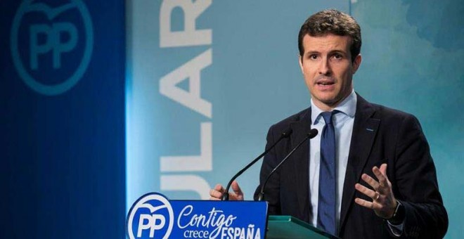 Pablo Casado, durante una intervención en el PP. (SANTI DONAIRE | EFE)