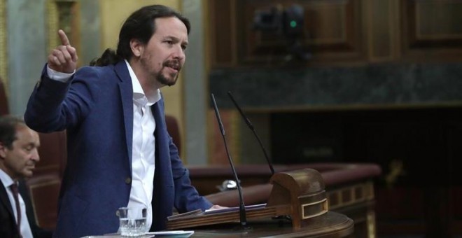 El líder de Podemos, Pablo Iglesias, durante su intervención en el Congreso de los Diputados. / EFE