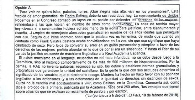 Pregunta del exámen de Selectividad de Extremadura en la que se pide que se analice un artículo de 'El País' que críticaba a Irene Montero por haber utilizado la palabra 'portavoza'