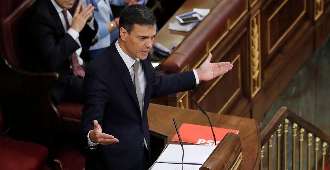 Pedro Sanchez, en la tribunal del Congreso durante la mocion de censura contra Mariano Rajoy. REUTERS/Juan Carlos Hidalgo/Pool