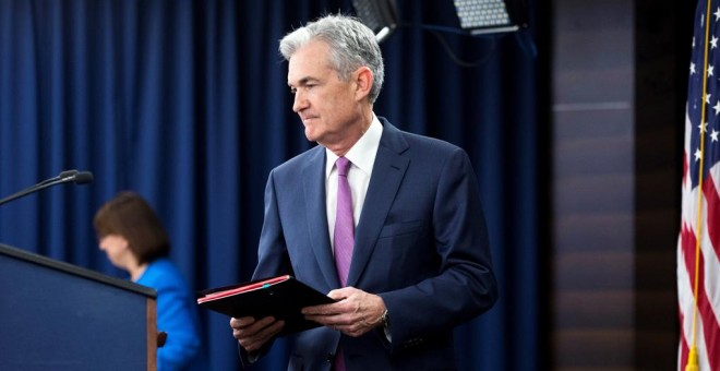 El presidente de la Reserva Federal (el banco central estadounidense), Jerome Powell, ofrece una rueda de prensa en Washington tras la reunión del Comité de Mercado Abierto.EFE/ Michael Reynolds