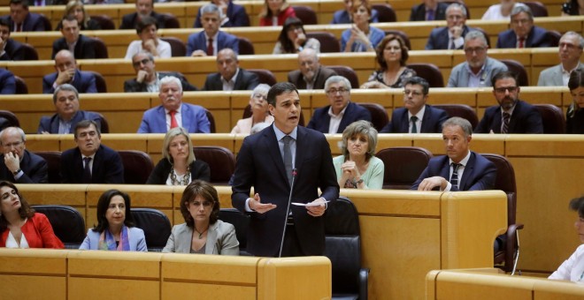 El presidente del Gobierno Pedro Sánchez, durante su intervención en la sesión del pleno del Senado, en Madrid. EFE/Juan Carlos Hidalgo