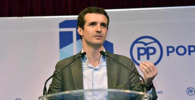 El candidato a la presidencia del PP, Pablo Casado, durante una intervención en Palma. EFE/Atienza