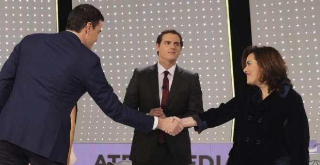 Imagen de archivo del debate entre Pedro Sánchez, Pablo Iglesias, Albert Rivera y Soraya Sáenz de Santamaría antes de las elecciones generales DE 2015 / EFE