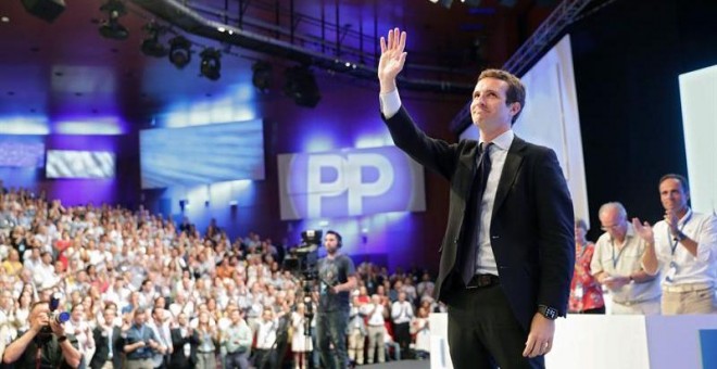 El palentino Pablo Casado, durante su discurso tras ser elegido nuevo presidente del PP en sustitución de Mariano Rajoy/EFE